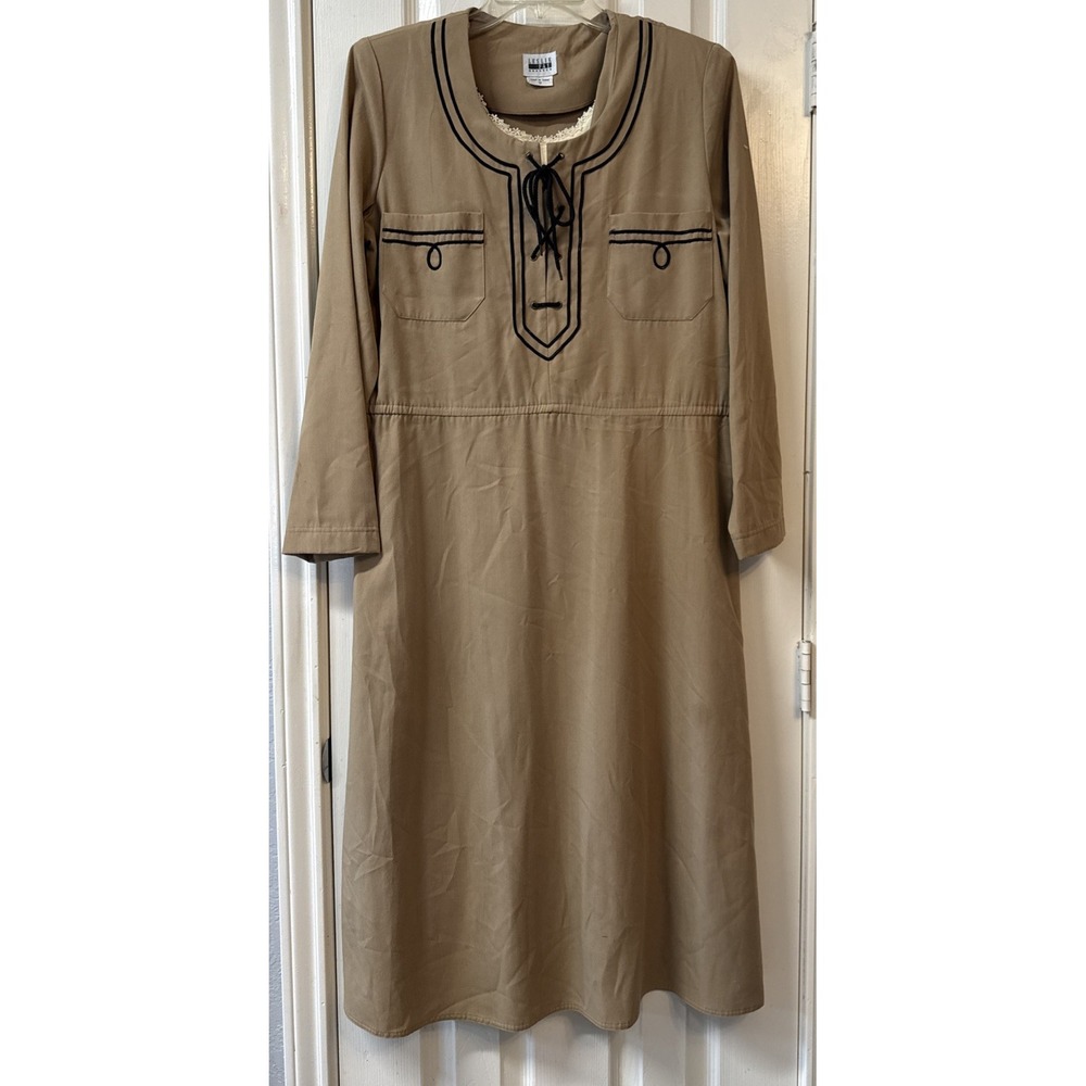 Vintage Leslie Faye 80s Beige Black Lace Up‎ Bust Maxi Shirt Dress Oversized 12